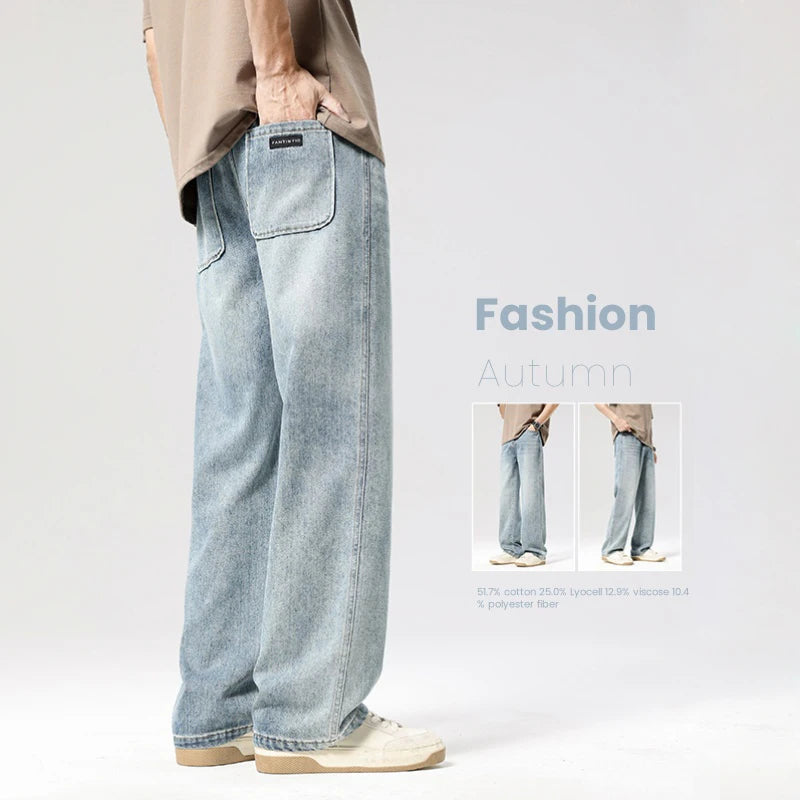 Autumn Casual Men's Straight Jeans Fashion Loose Vintage Elastic Waist Trousers Light Blue Personality Wide Pants Denim Male
