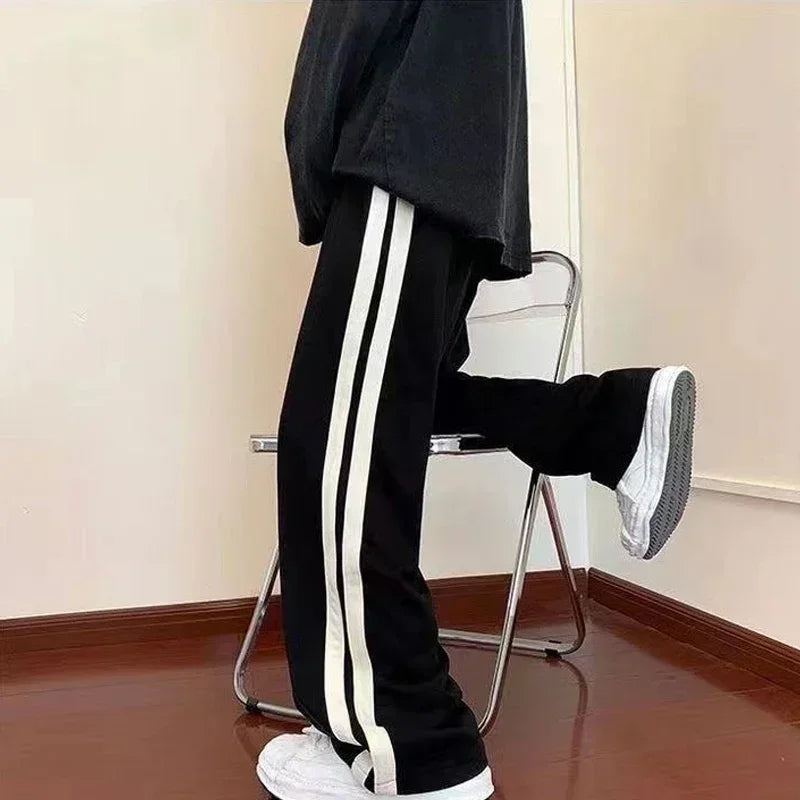2025 Korean Fashion Wide Leg Pant Women Loose Casual Striped High Waist Woman Hiphop Elastic Waists Pocket Straight Pants