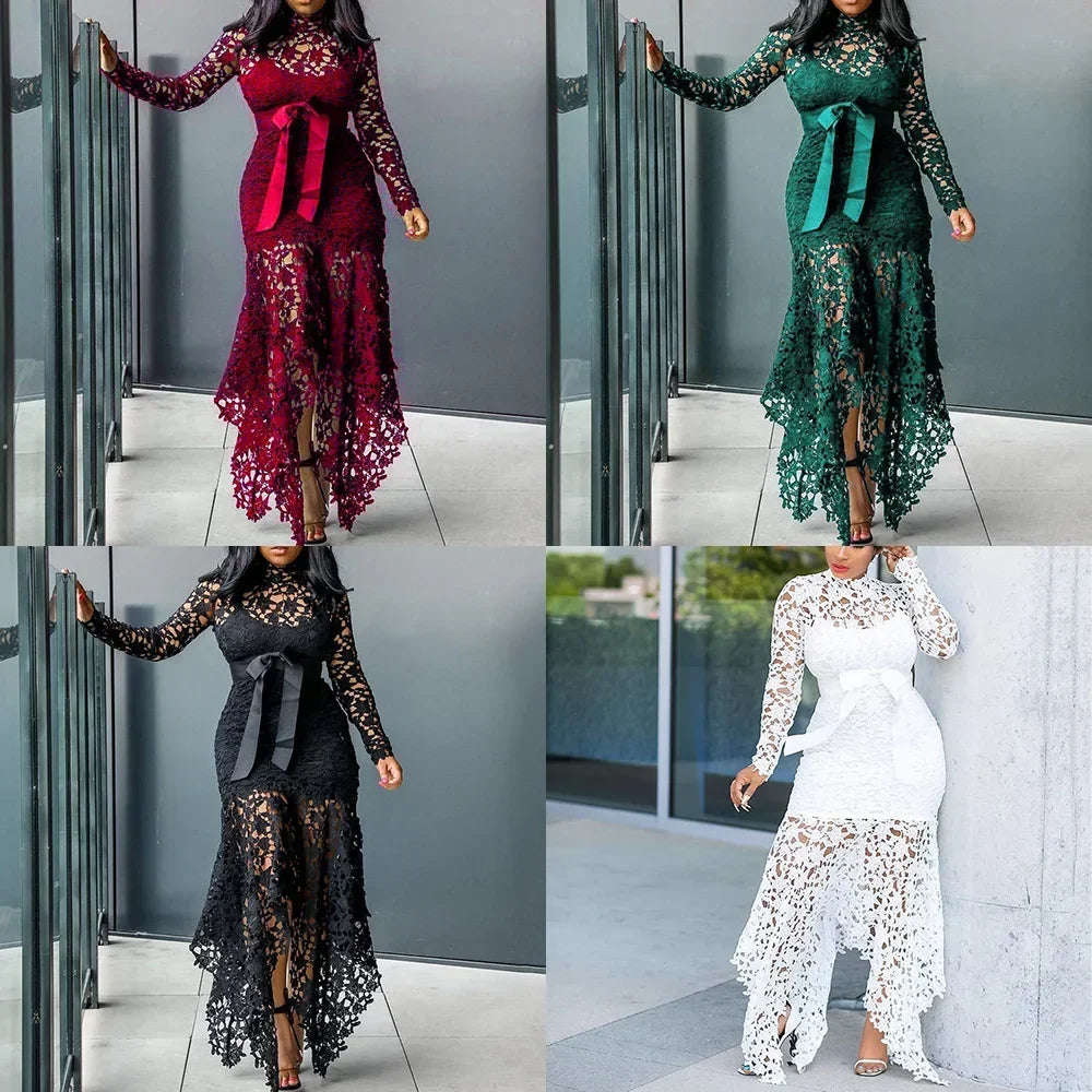 Ladies Elegant Lace Maxi Dress Women Wedding Evening Party Bodycon Long Sleeve Dresses Plus Size Fashion