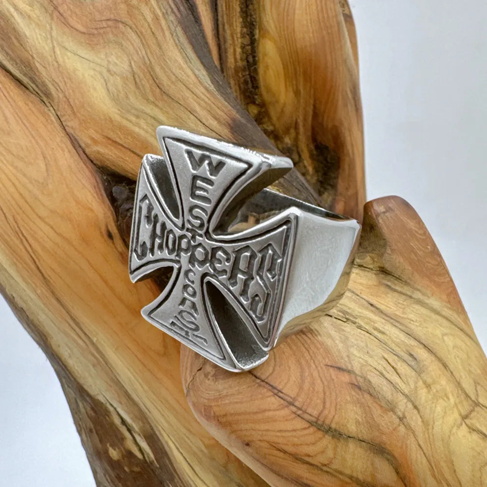 خاتم متقاطع من الفولاذ المقاوم للصدأ 316L مجوهرات راكبي الدراجات النارية والبانك للرجال خاتم عصري للدراجات النارية