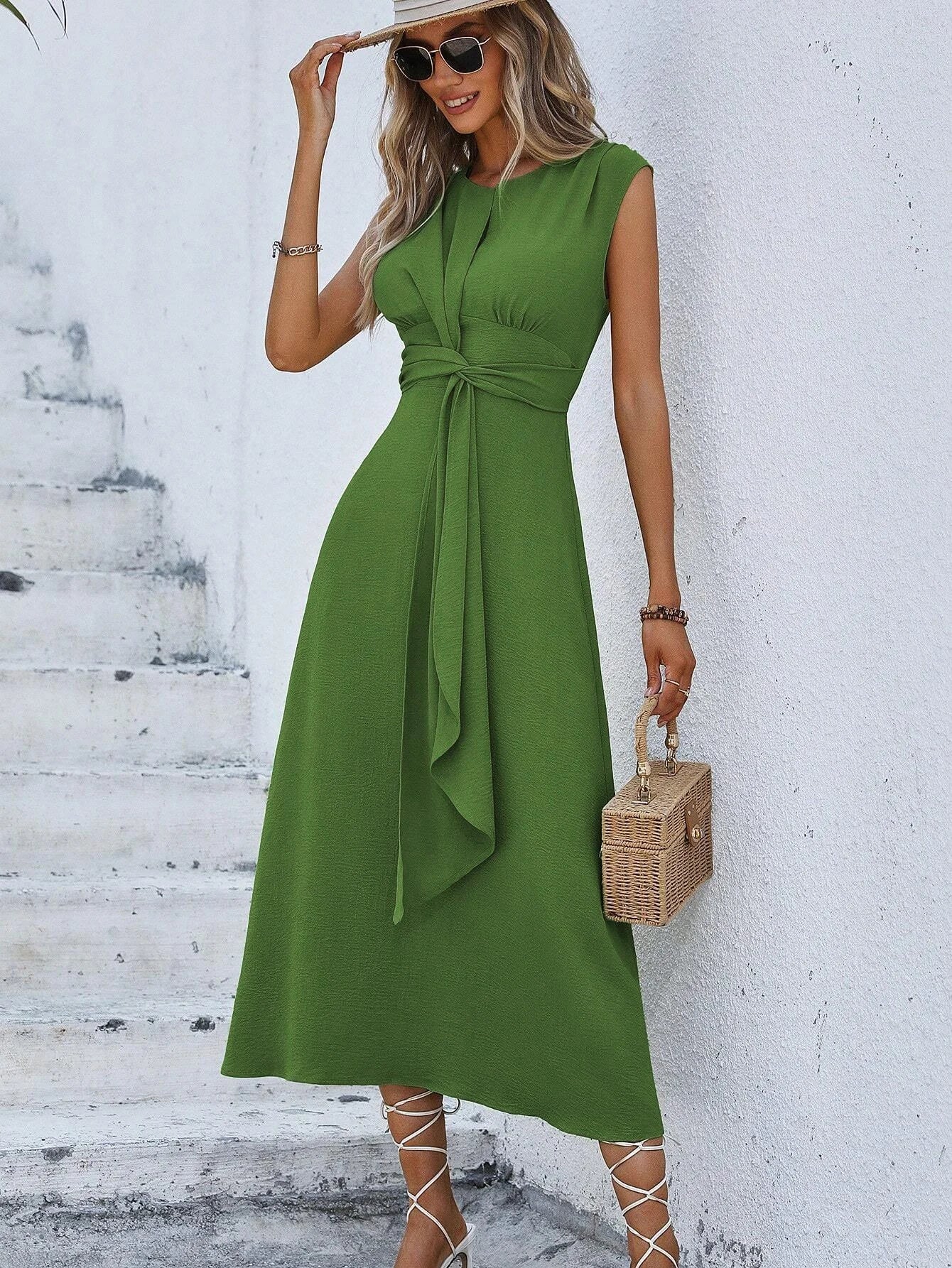 Women's Solid Color A-Line Dress Sleeveless Front Thin Straps Elegant Belted Midi Dress for Summer