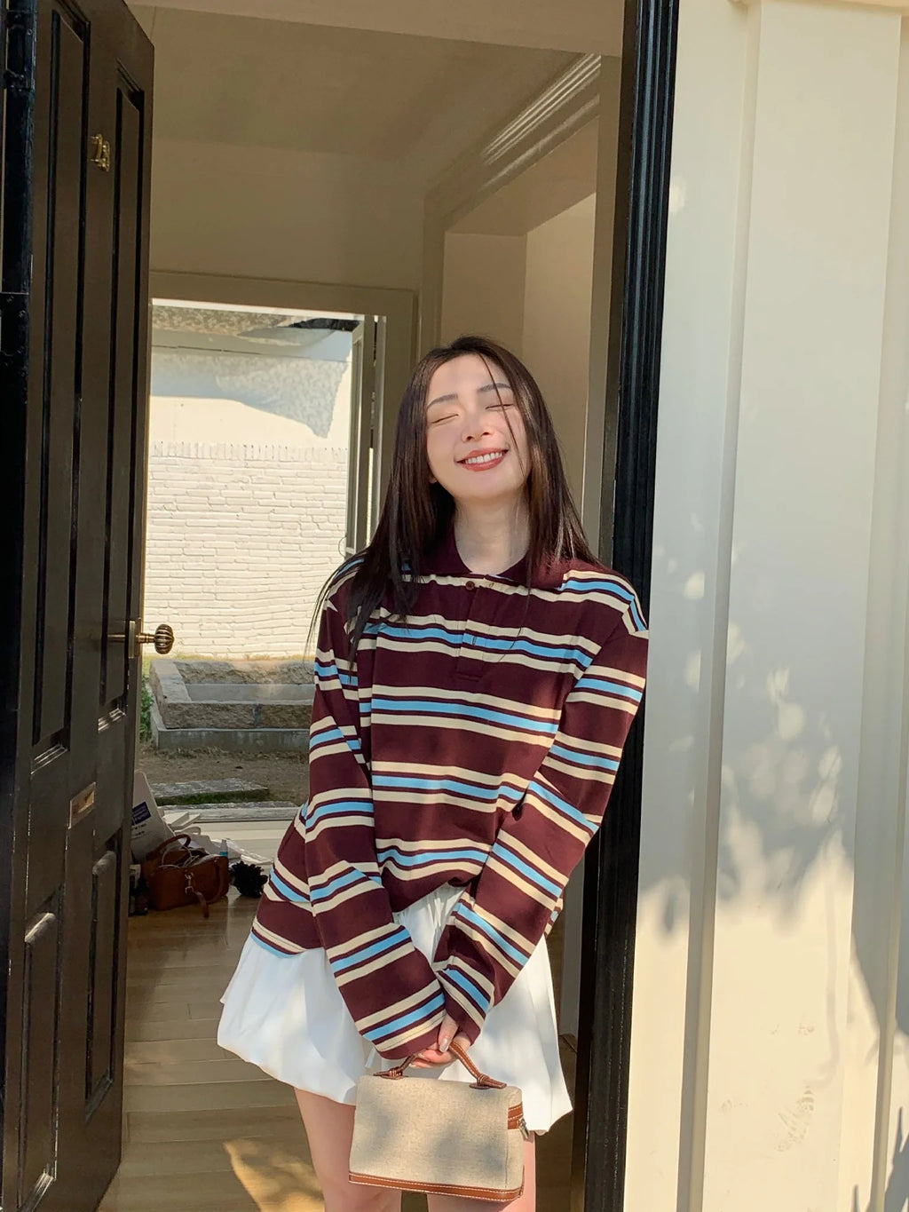 قمصان بولو صيفية للنساء بأكمام طويلة وقميص قصير بخطوط خضراء متعددة الألوان، قمصان بولو نسائية كاجوال مخططة باللون البني للخريف