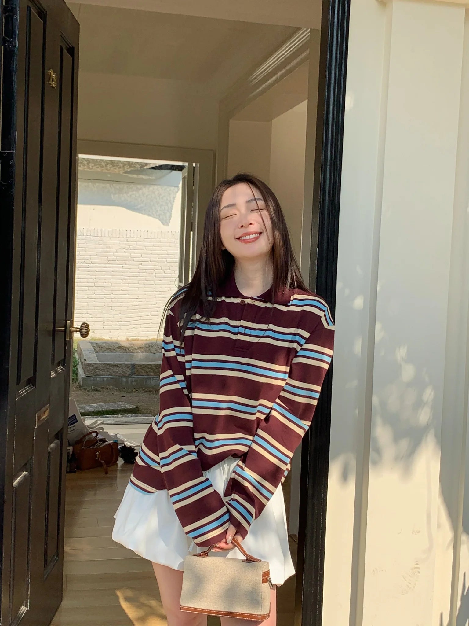 قمصان بولو صيفية للنساء بأكمام طويلة وقميص قصير بخطوط خضراء متعددة الألوان، قمصان بولو نسائية كاجوال مخططة باللون البني للخريف