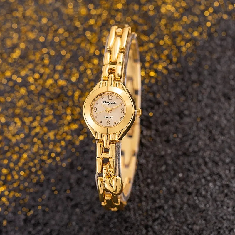 ساعة يد نسائية فاخرة بسوار ذهبي، مينا صغير، كوارتز، ساعة أنيقة للنساء، هدية عصرية.