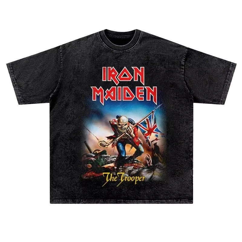 تي شيرت رجالي ونسائي عتيق من LRON Maiden Iron Lady Rock Washed بتصميم هيب هوب أمريكي عتيق بأكمام قصيرة ونصف عصرية