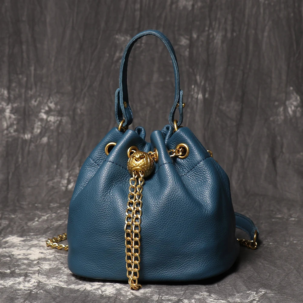 LUOKIR New Metal Drawstring Versatile Women's Handbag Genuine Leather Chain Crossbody Bag Vintage Bucket Bag Mobile Phone Bag