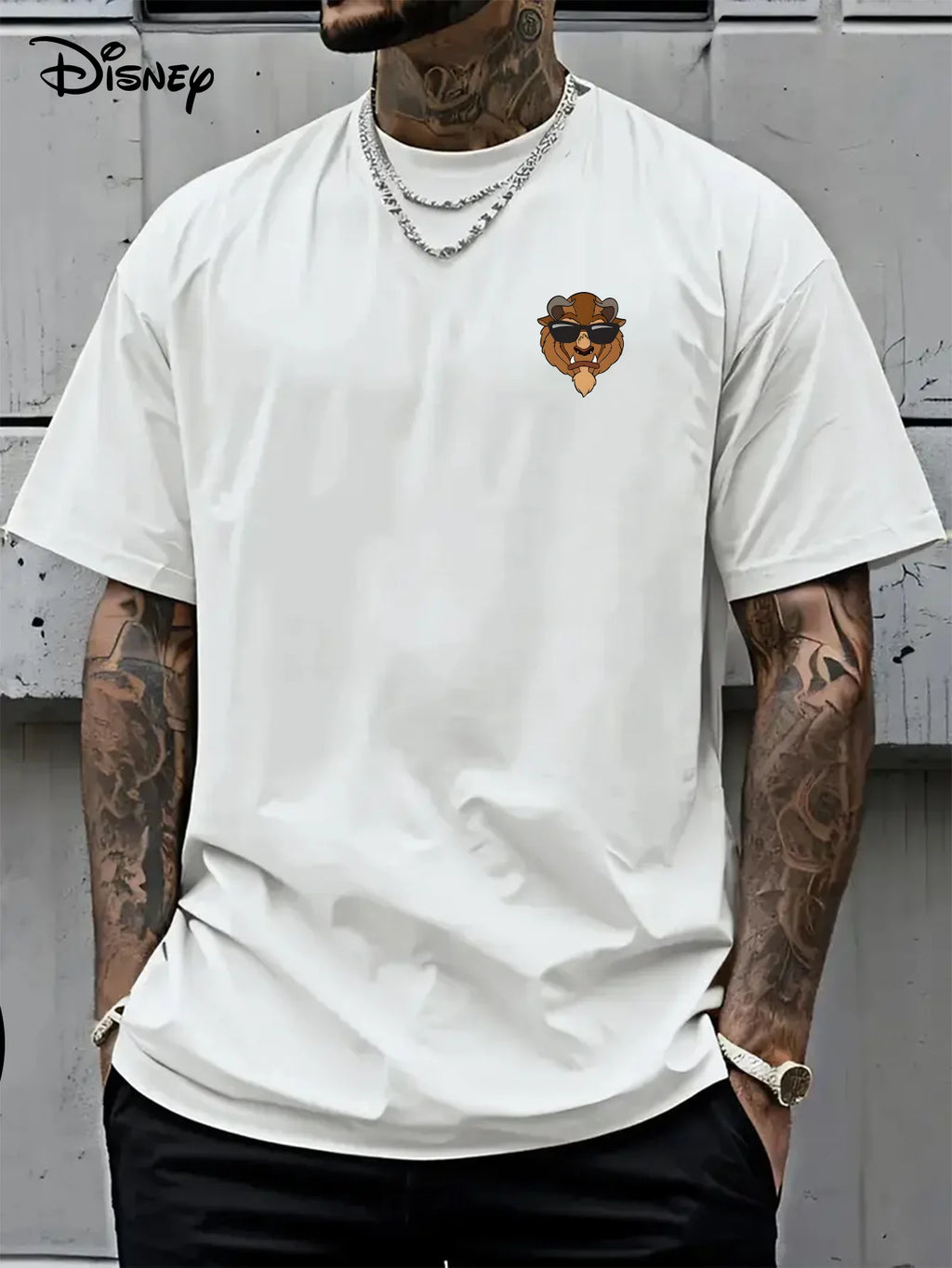 تيشيرت رجالي بنقشة ديزني الجميلة والوحش، مناسب للارتداء اليومي والأنشطة الترفيهية، مصنوع من القطن، بأكمام قصيرة وقصة واسعة.