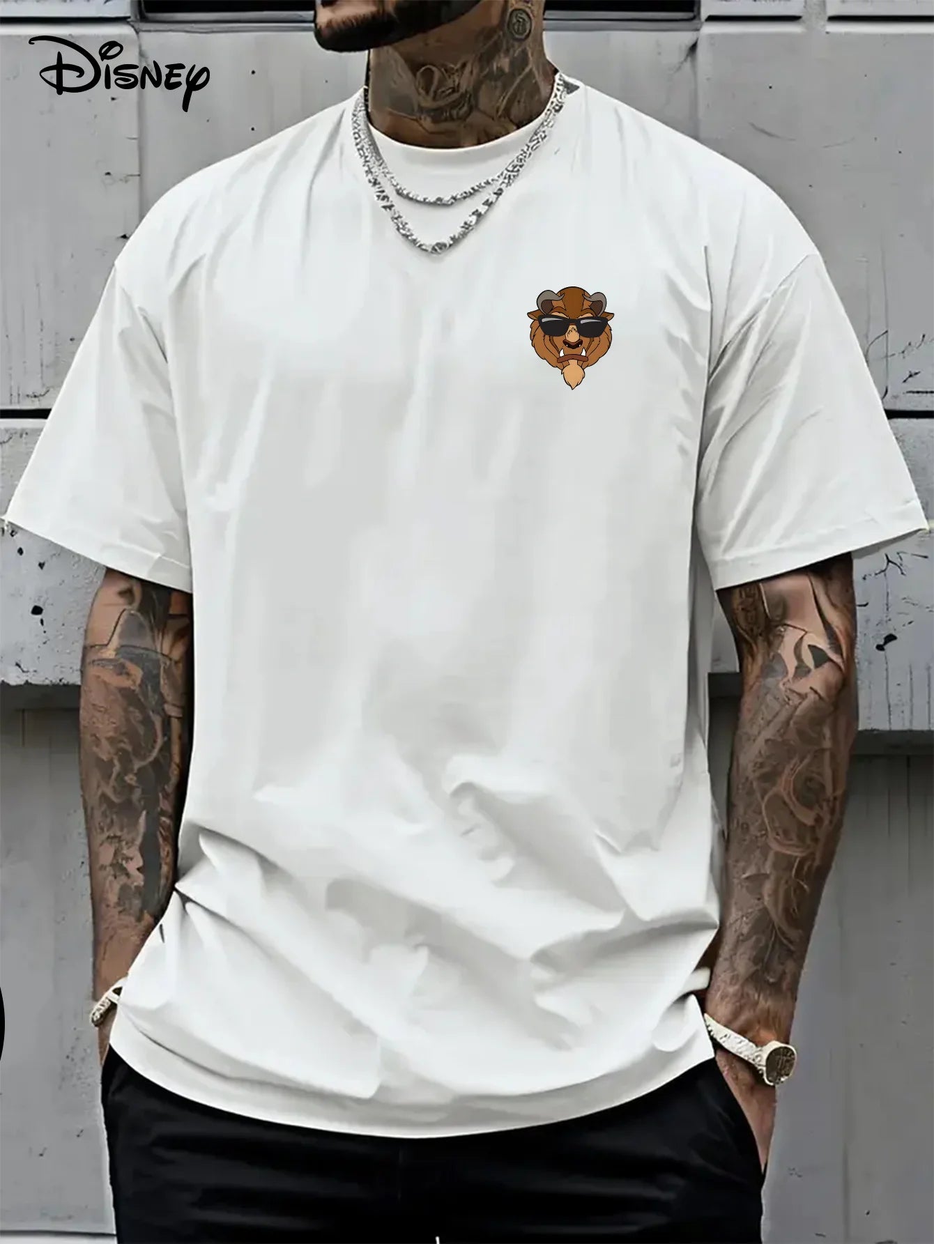 تيشيرت رجالي بنقشة ديزني الجميلة والوحش، مناسب للارتداء اليومي والأنشطة الترفيهية، مصنوع من القطن، بأكمام قصيرة وقصة واسعة.