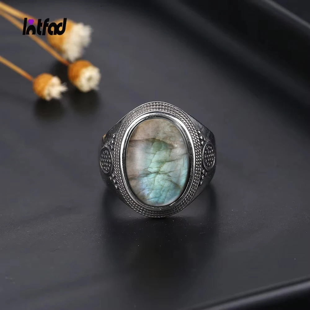 Vintage S925 Sterling Silver Natural labradorite Moonstone Ring 10x14MM Large Turquoise Lapis Retro Ring For Women Men