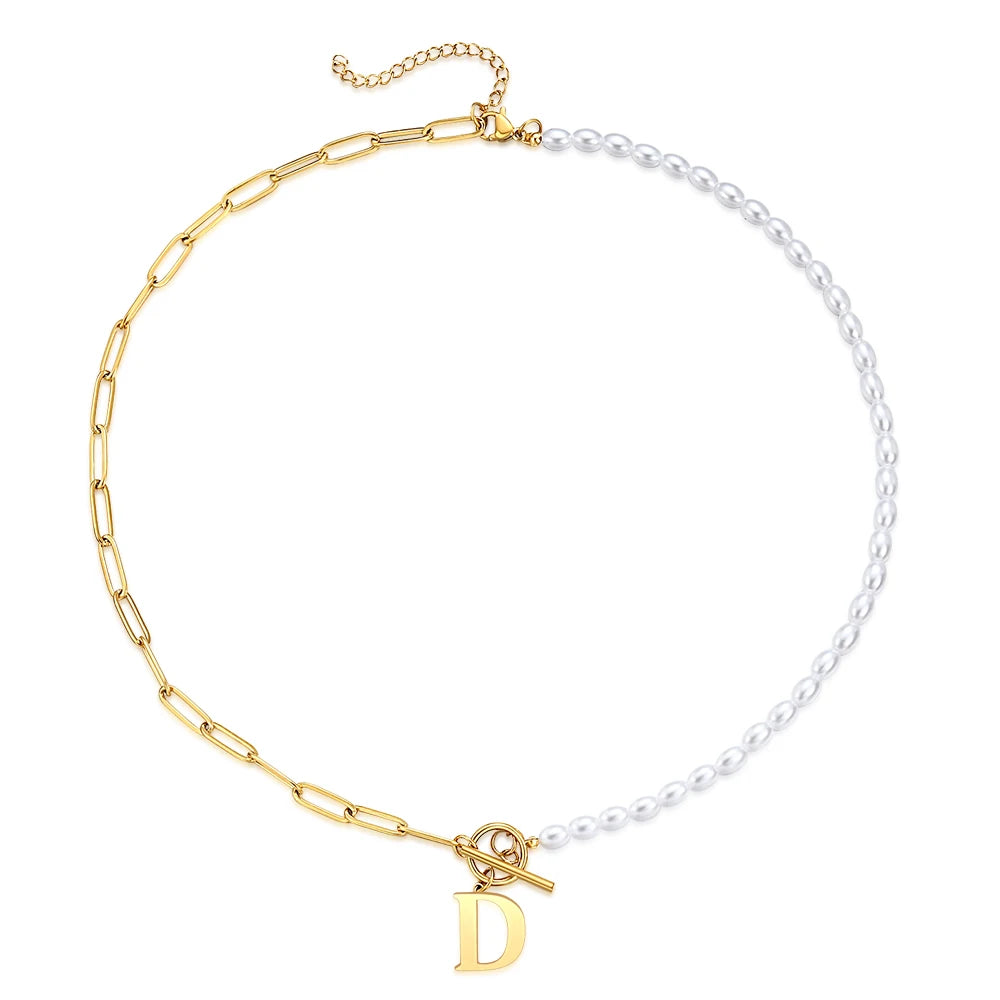 سلسلة مجوهرات جديدة من NIBA مصنوعة من الفولاذ المقاوم للصدأ باللون الذهبي والفضي على شكل حرف أبجدي مرصعة باللؤلؤ للنساء والأزياء النسائية