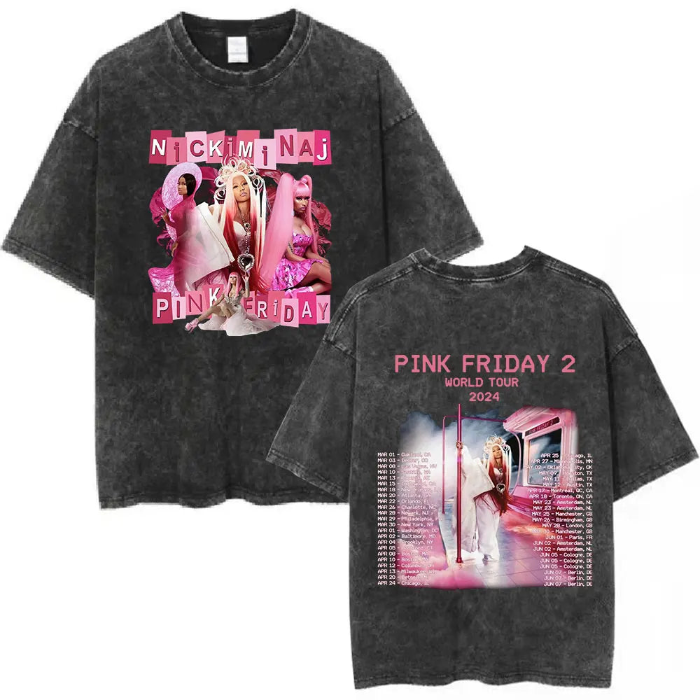 تي شيرت نيكي ميناج بينك فرايداي 2 وورلد تور القديم المغسول للرجال والنساء من القطن غير الرسمي فضفاض وكبير الحجم هدية للمعجبين ملابس الشارع