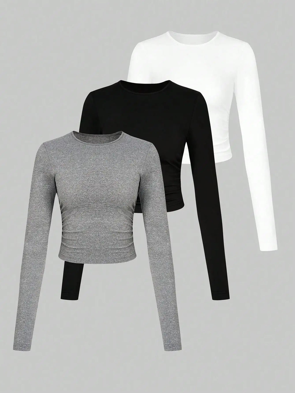 طقم تي شيرت نسائي مكون من 3 قطع برقبة دائرية وأكمام طويلة، بلوزات يومية كاجوال لجميع المواسم