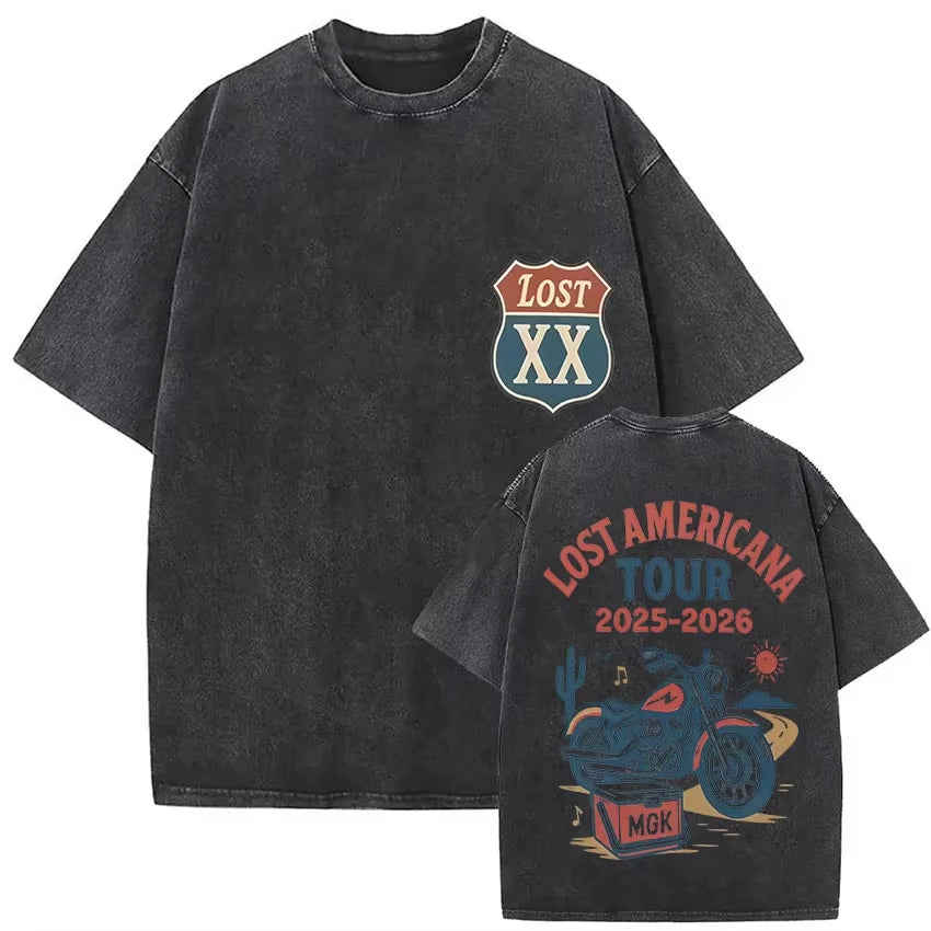 تي شيرت رجالي ونسائي صيفي بأكمام قصيرة من القطن بتصميم عتيق من مجموعة MGK Lost Americana Tour 2025-2026، هدية للمعجبين