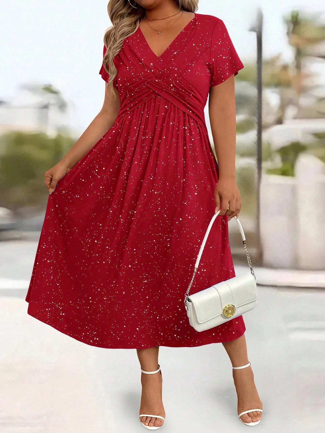 Ladies' elegant plus size powder sprinkled shiny twisted knot with pockets V-neck dress