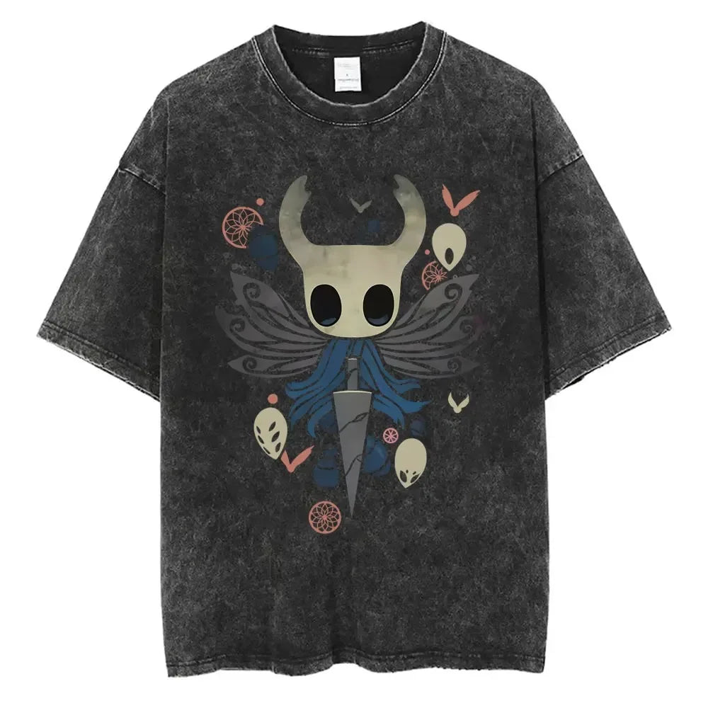 تي شيرت جرافيكي مطبوع عليه لعبة هولو نايت الكلاسيكية المغسولة للرجال والنساء، تي شيرت كاجوال من القطن بأكمام قصيرة، تي شيرت كبير الحجم للجنسين