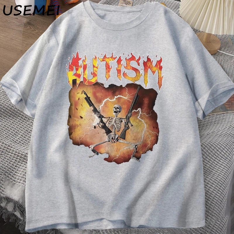 تيشيرت هيكل عظمي مضحك للرجال والنساء، تيشيرتات برسومات ميمات التوحد، تيشيرتات هاراجوكو قطنية عتيقة للجنسين، ملابس الشارع