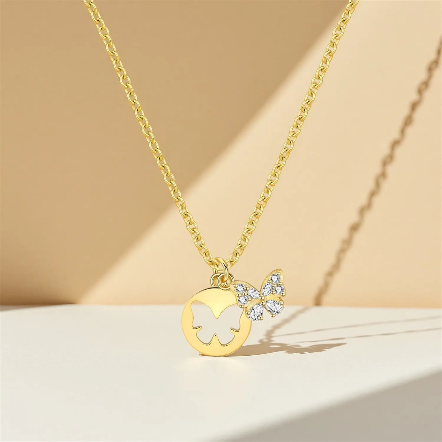 PANPOKI S925 Sterling Silver Golden Sparkling Butterfly Pendant Necklace for Women Birthday Gifts Fashion Fine Jewelry