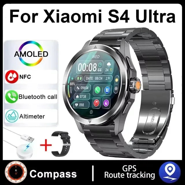 ساعة ذكية جديدة للرياضات الخارجية Xiaomi S4 Ultra للرجال 1.53 بوصة AMOLED NFC GPS بوصلة معدل ضربات القلب مقاومة للماء BT Call ساعة ذكية