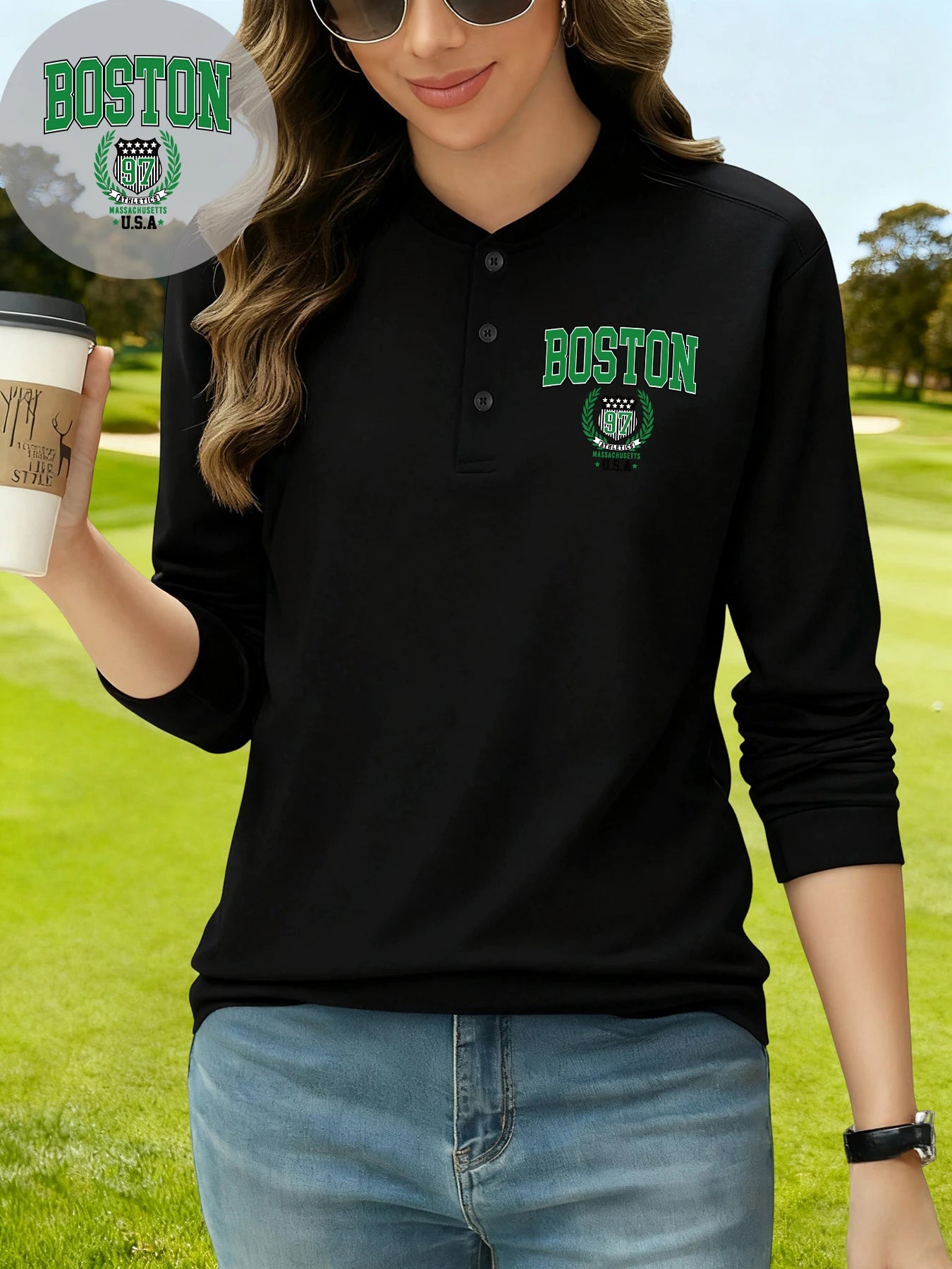 قميص هينلي مطبوع عليه شعار فريق بوسطن 97 للسيدات من يو إس إيه، برقبة هنري، ملابس الشارع العصرية من القطن بأكمام طويلة، تي شيرتات جولف أساسية لفصل الخريف من الهيب هوب