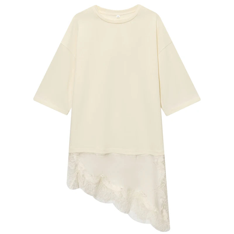 تي شيرت HXAO من الدانتيل كبير الحجم مناسب للصيف والخريف للنساء Y2K بأكمام قصيرة باللون الأبيض العتيق تي شيرت طويل مقاس كبير أنيق من ملابس الشارع