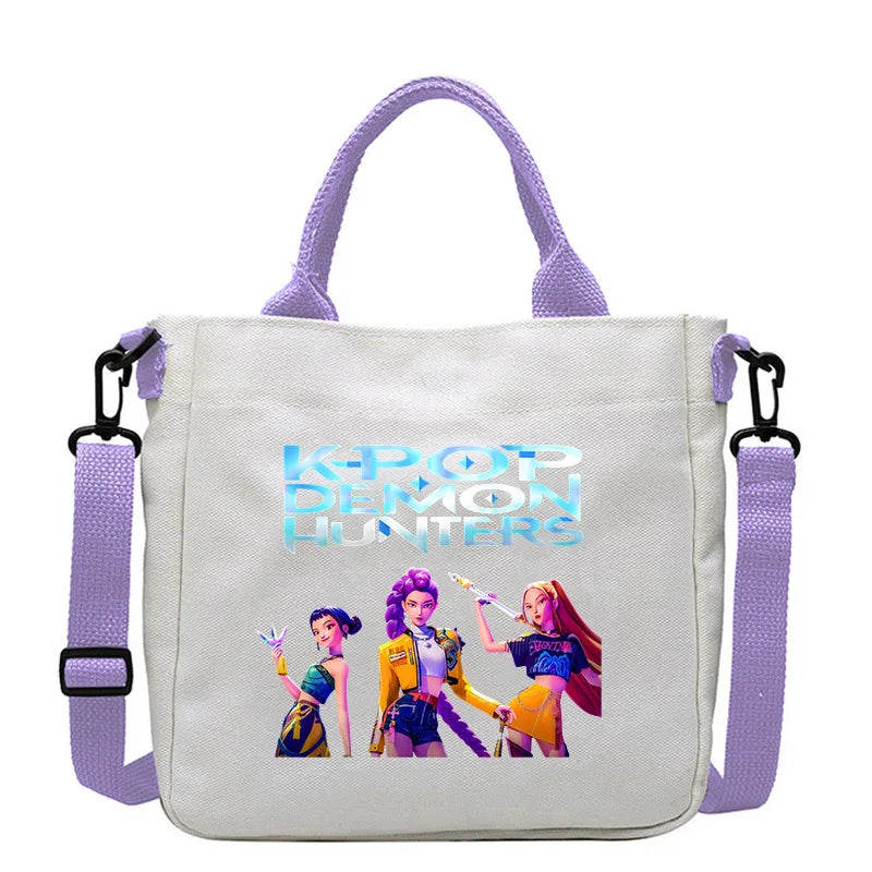 حقيبة قماشية للفتيات بتصميم صيادي أنمي شياطين من كيبوب، حقيبة يد مربعة أرجوانية بسيطة، حقيبة كتف متقاطعة، هدية عيد ميلاد