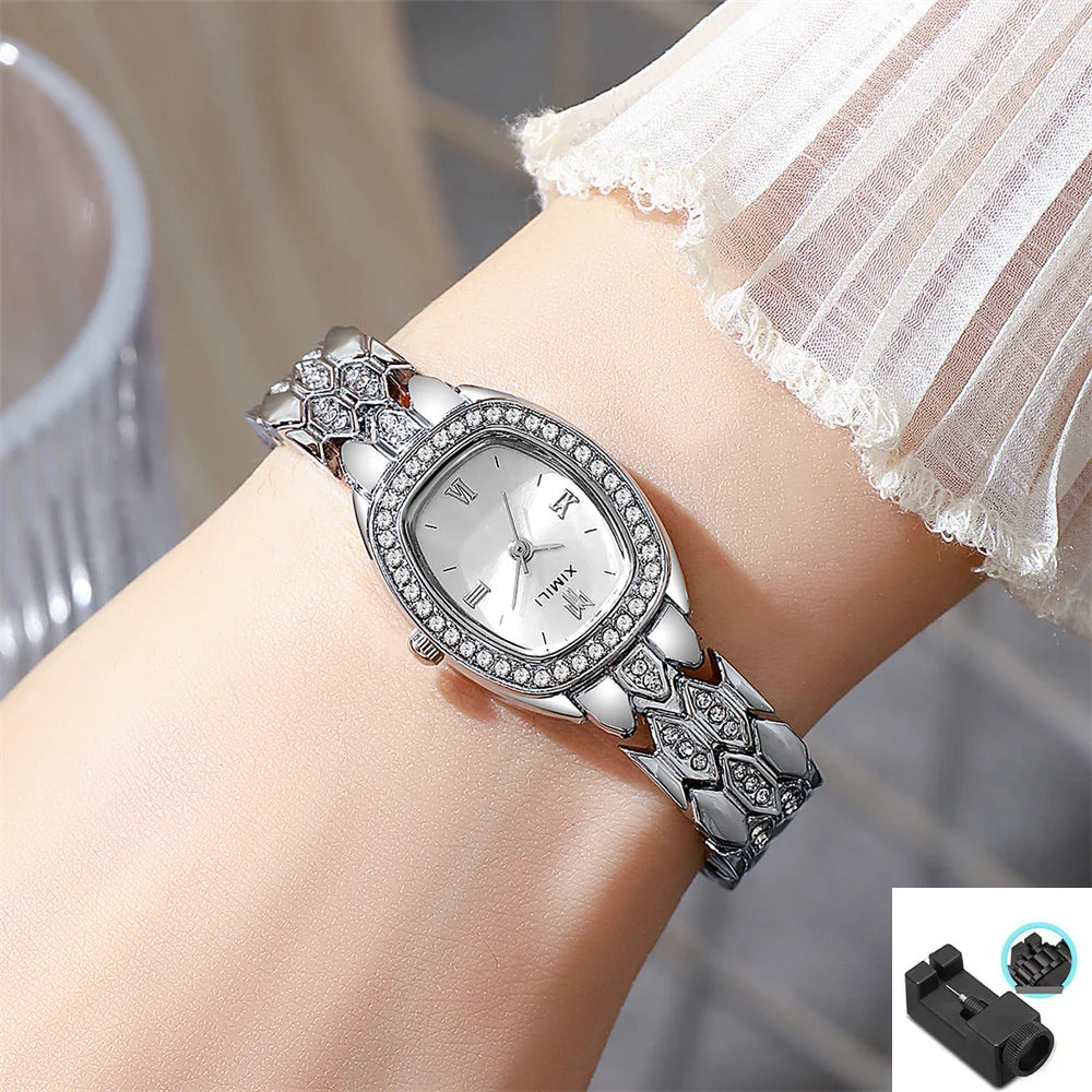 ساعة يد نسائية فاخرة مطلية بالذهب، تعمل بالكوارتز، بتصميم روماني بسيط، مصنوعة من الفولاذ المقاوم للصدأ، على شكل برميل، مناسبة للعمل، مزودة بحزام بإبزيم عالي الجودة.