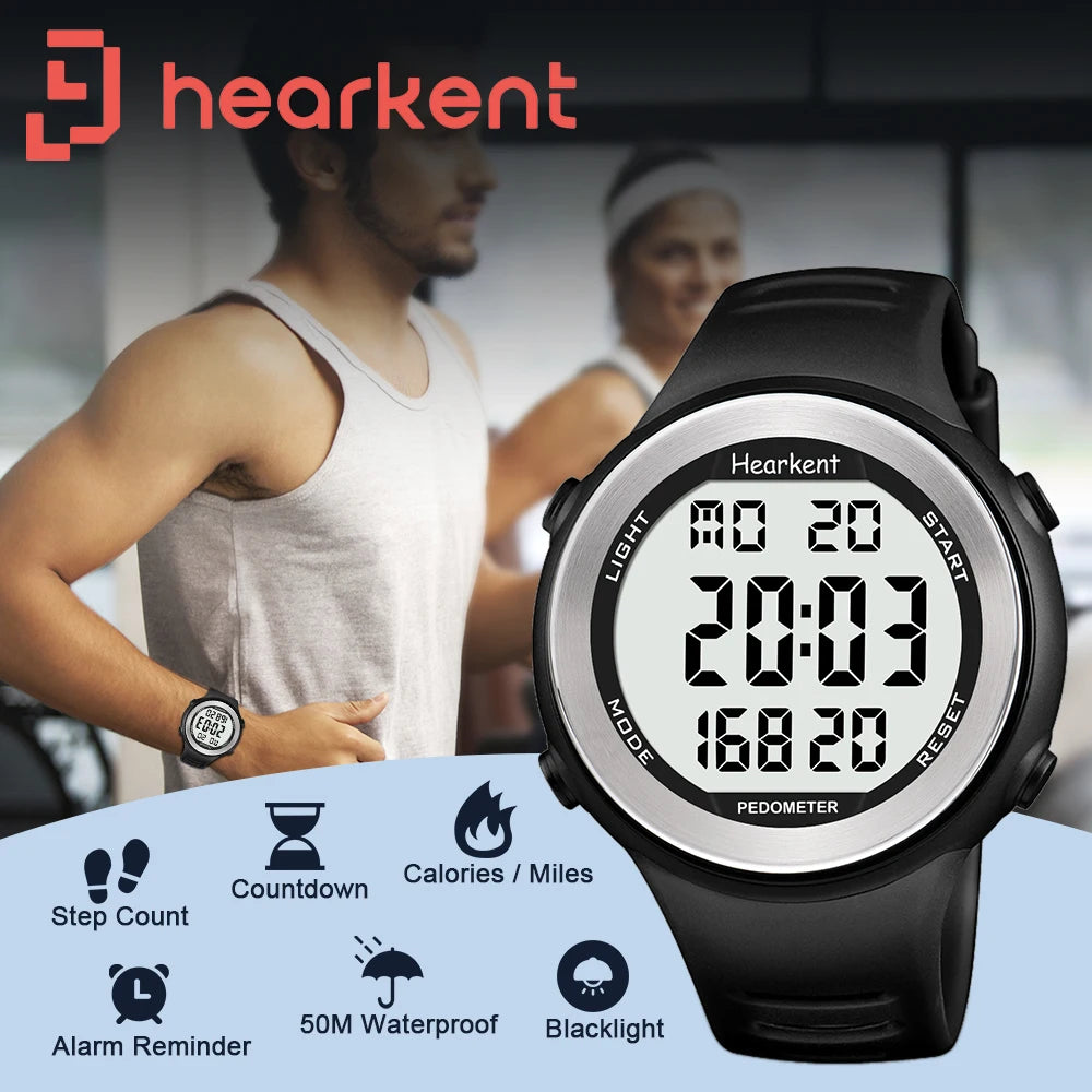 ساعة Hearkent Pedometer للرجال مقاومة للماء وعداد الخطوات وتتبع السعرات الحرارية للنساء بشاشة عرض خلفية وعداد تنازلي ساعات رياضية رقمية
