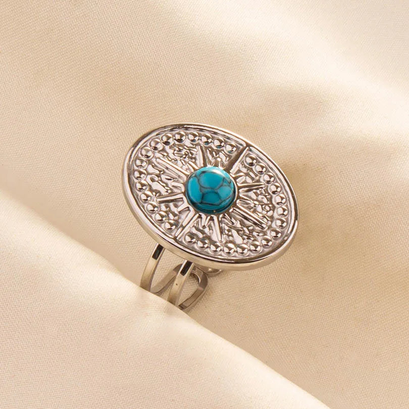 1/5 قطع من الخواتم المفتوحة غير المنتظمة والسميكة المصنوعة من الفولاذ المقاوم للصدأ والمزينة بأحجار صناعية متنوعة، بتصميم هندسي عتيق مميز، مجوهرات نسائية