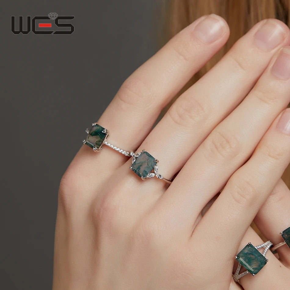 خواتم خطوبة فريدة من نوعها من الفضة الإسترليني عيار 925 من WES مقاس 7*9 مم مصنوعة من العقيق الطحلب الطبيعي للنساء، مجوهرات غابة بوهو، هدية لها بالجملة