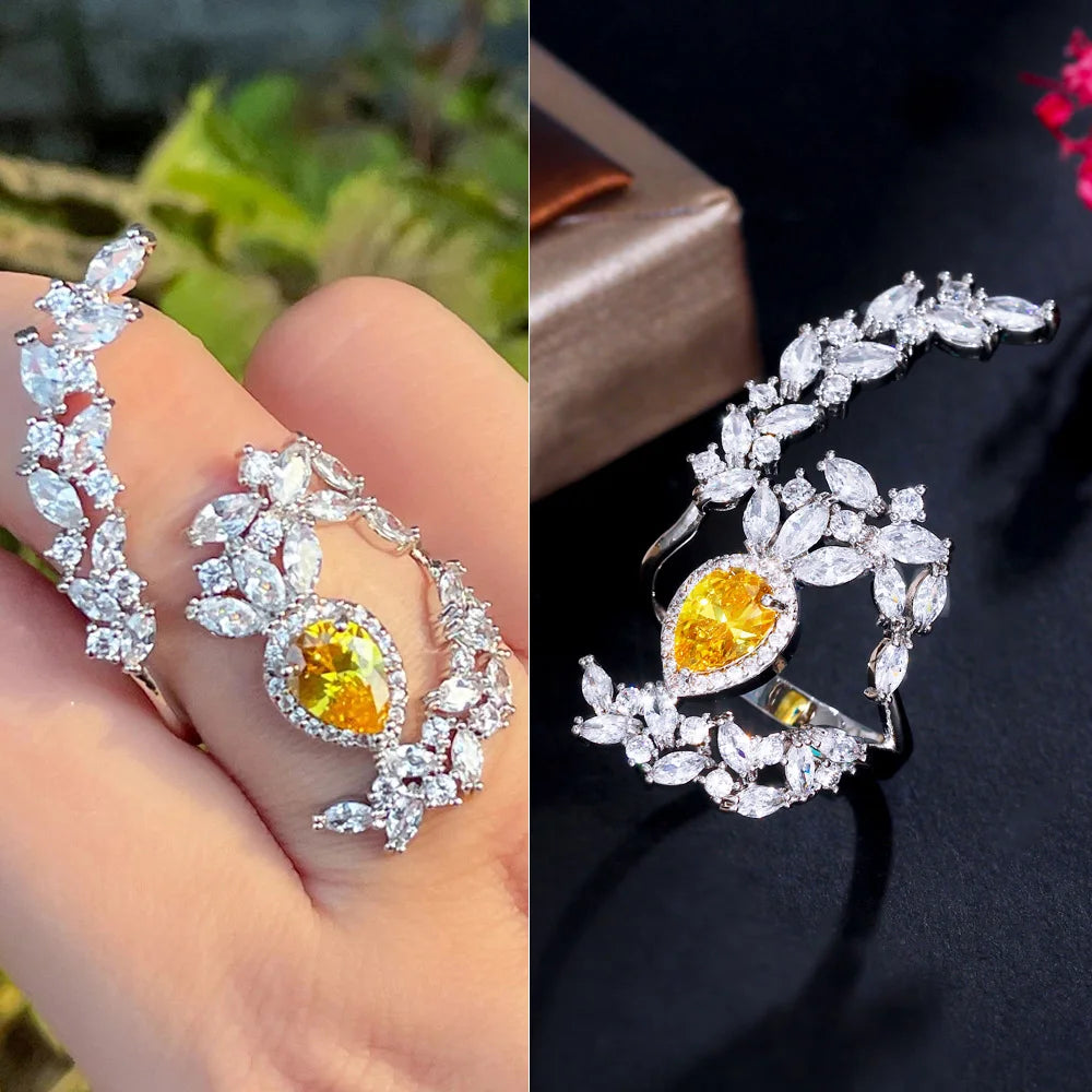 خاتم نسائي كبير مفتوح قابل للتعديل من الزركون المكعب اللامع على شكل ورقة شجر، مطلي بالذهب الأبيض، من CWWZircons، مناسب للحفلات، R215