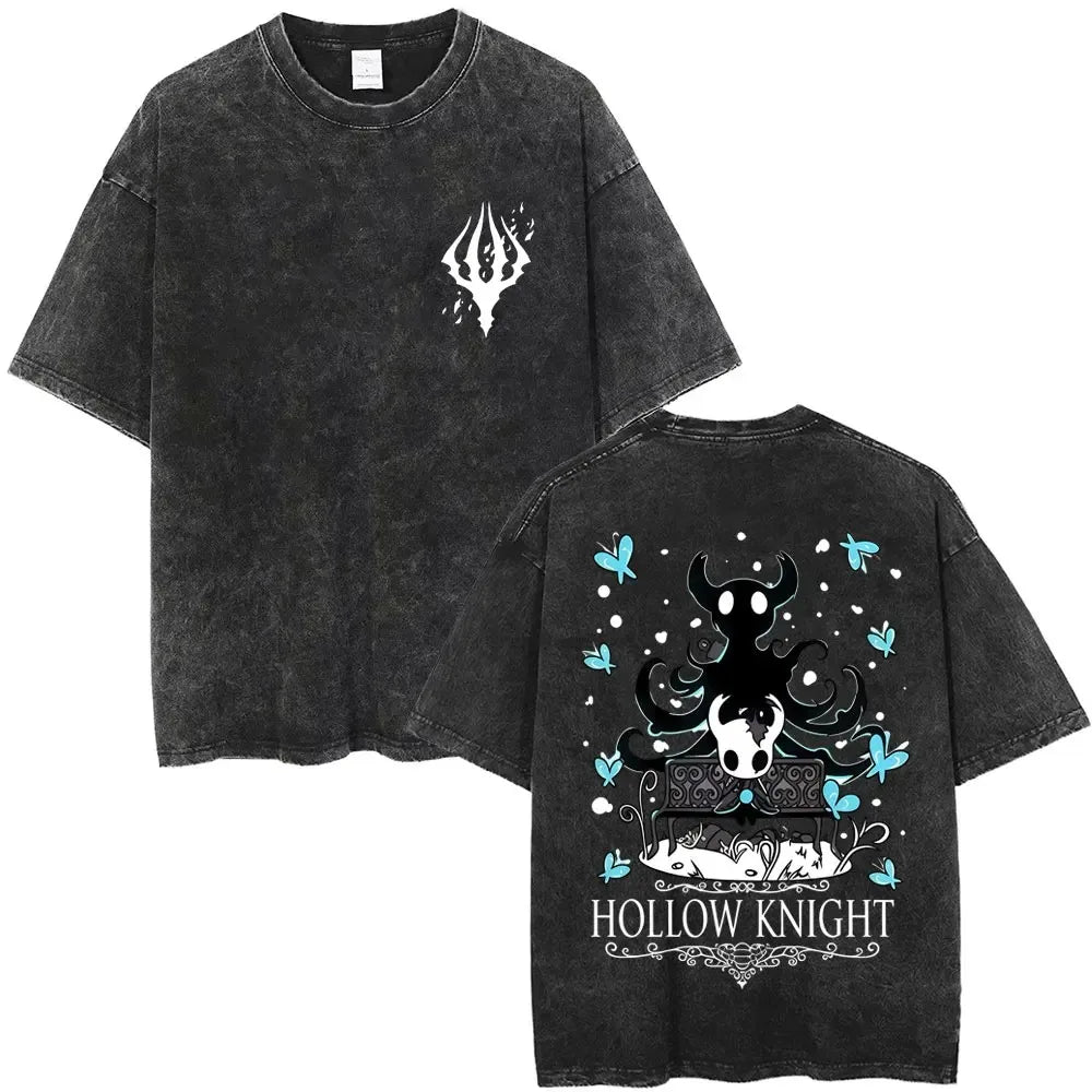 تي شيرت جرافيكي مطبوع عليه لعبة هولو نايت الكلاسيكية المغسولة للرجال والنساء، تي شيرت كاجوال من القطن بأكمام قصيرة، تي شيرت كبير الحجم للجنسين