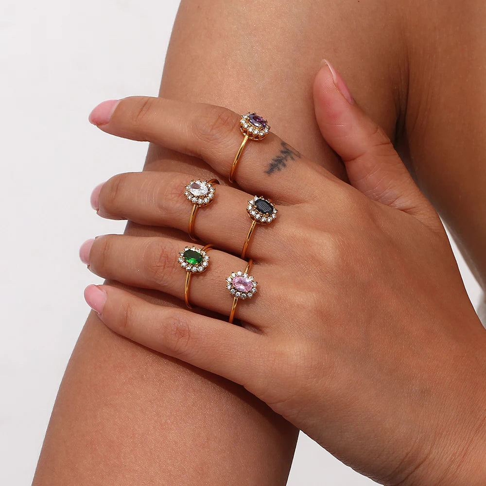 خواتم ماما سيتا سلاي الفاخرة القابلة للتعديل، مرصعة بزهرة زركون بيضاوية ملونة، مطلية بالذهب عيار 18 قيراط، مجوهرات أصابع جديدة للبنات
