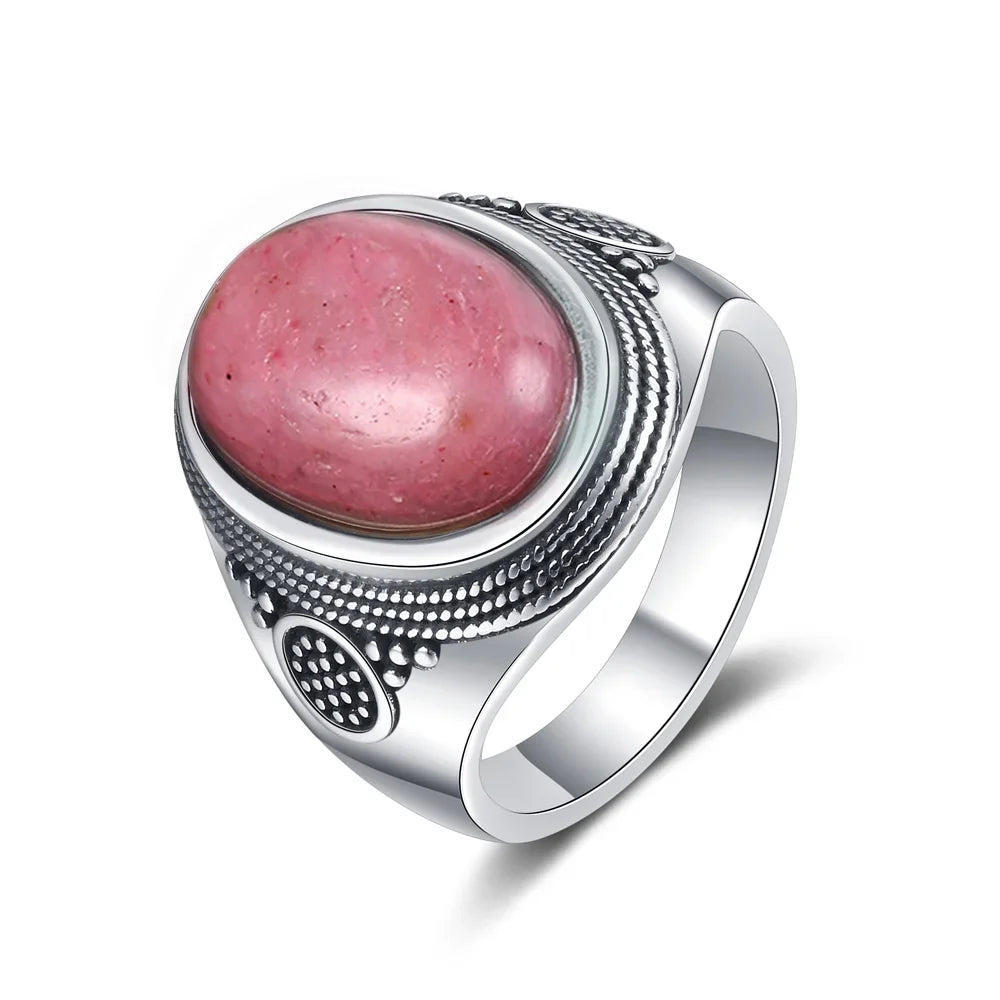 Vintage S925 Sterling Silver Natural labradorite Moonstone Ring 10x14MM Large Turquoise Lapis Retro Ring For Women Men