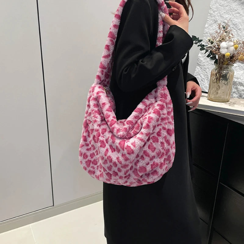 Large Capacity Leopard Women Shoulder Bags Faux Fur Messenger Bag Ladies Plush Hobos Crossbody Vintage Fashion Female Handbags