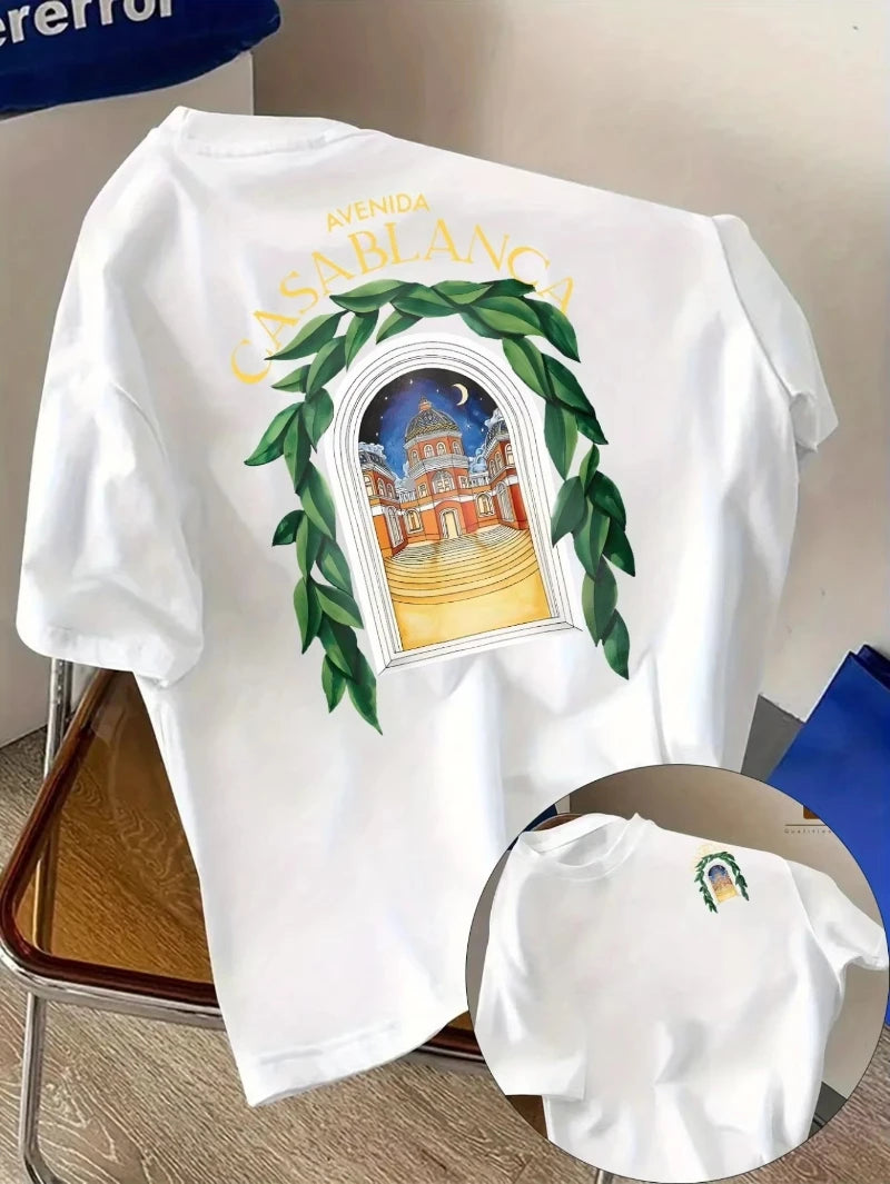 تيشيرت رجالي مطبوع على الوجهين، تيشيرت بوليستر مريح يسمح بمرور الهواء، مزين برسومات وتصاميم فنية مستوحاة من أفينيدا، قطعة علوية صيفية أنيقة، ناعم