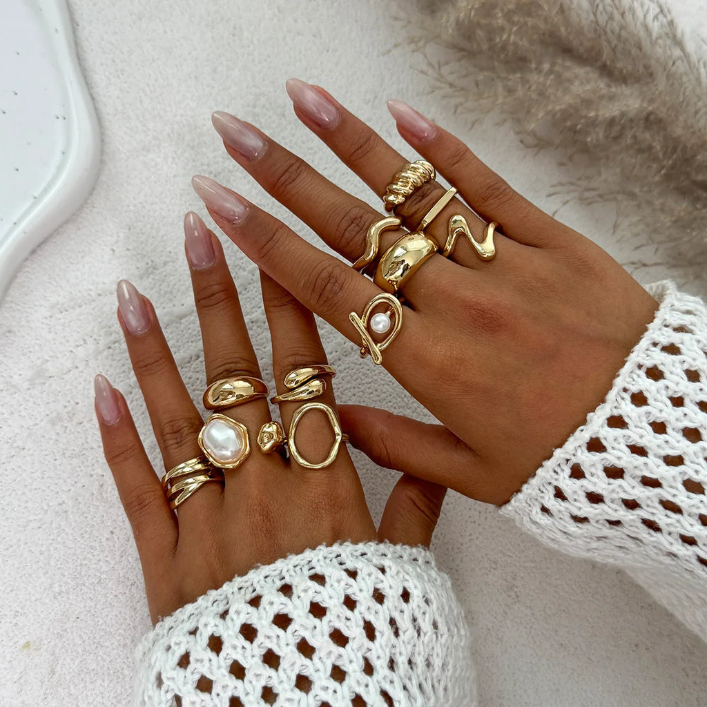 Fashion Gold Color Pearl Geometric Open Rings Set for Women Exaggerated Metal Irregular Adjustable Ring Waterproof Jewelry Gifts