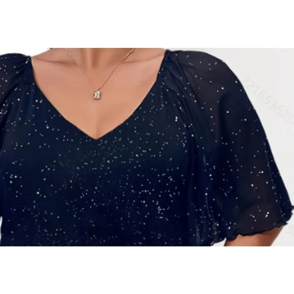 Plus Size Women's Fashion V-Neck Elegant Dress Casual V-neck Waist Cinched Dress Versatile and Elegant Lotus Leaf Hem Dress