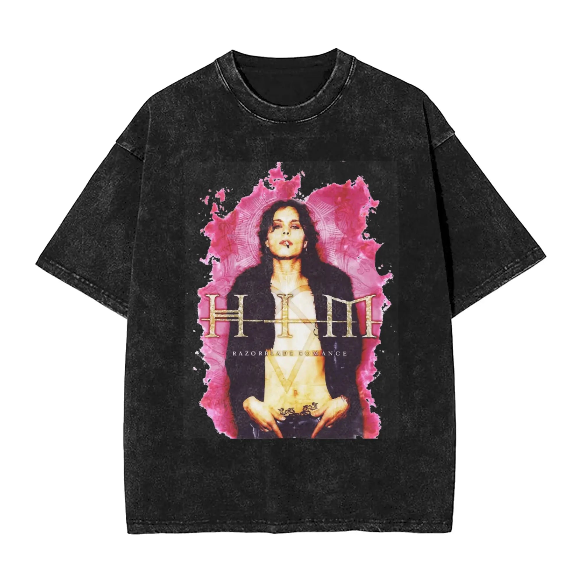 تي شيرت رجالي كلاسيكي كاجوال مطبوع عليه شعار Heartagram Him Band باللون الوردي، تي شيرت صيفي قابل للتنفس، تي شيرت هيب هوب مطبوع عليه ملابس كبيرة الحجم