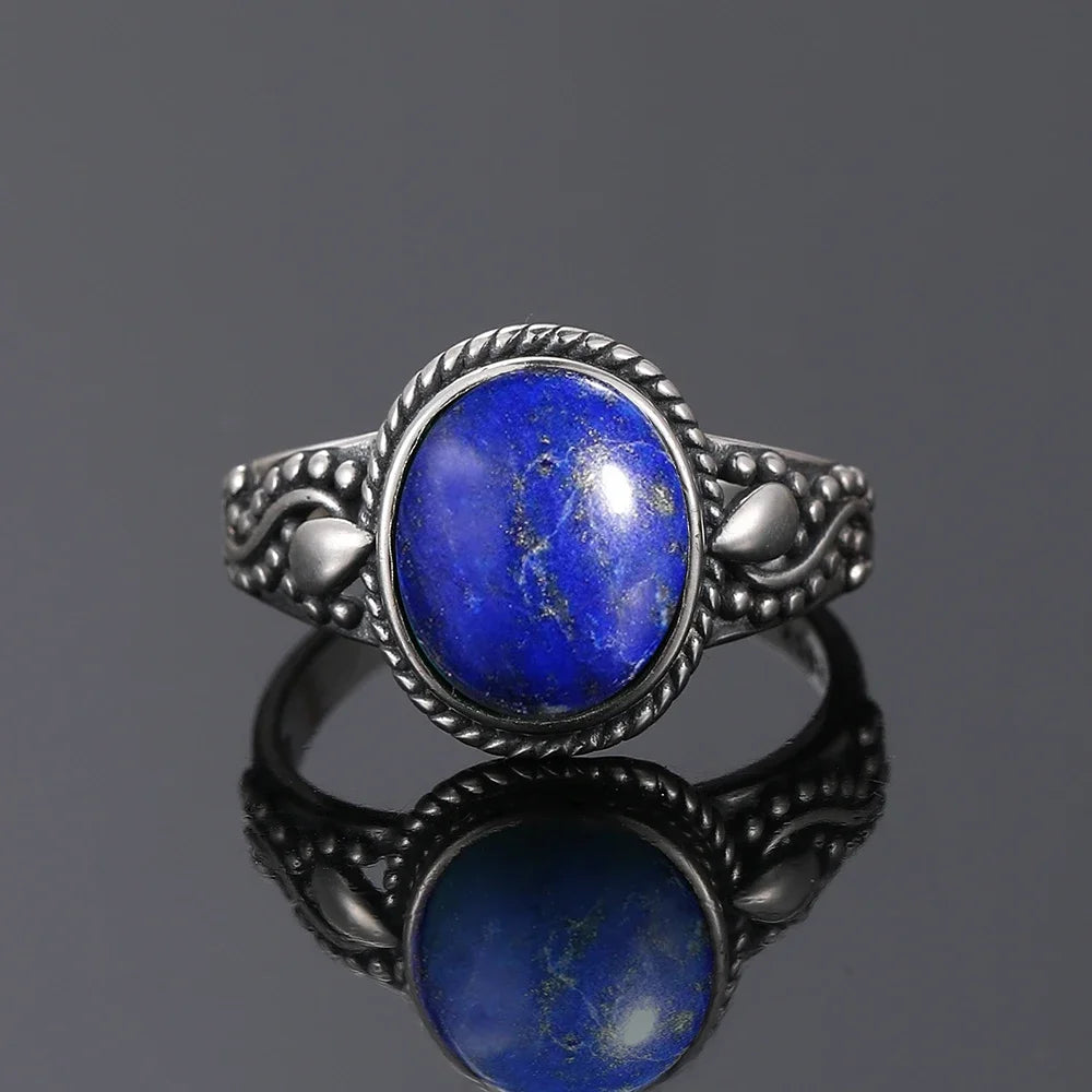 خاتم فضة عيار 925 مرصع بحجر اللازورد الطبيعي الكبير بيضاوي الشكل، مناسب للنساء والرجال، هدية مميزة، خاتم عتيق كبير الحجم، مجوهرات فاخرة بالجملة