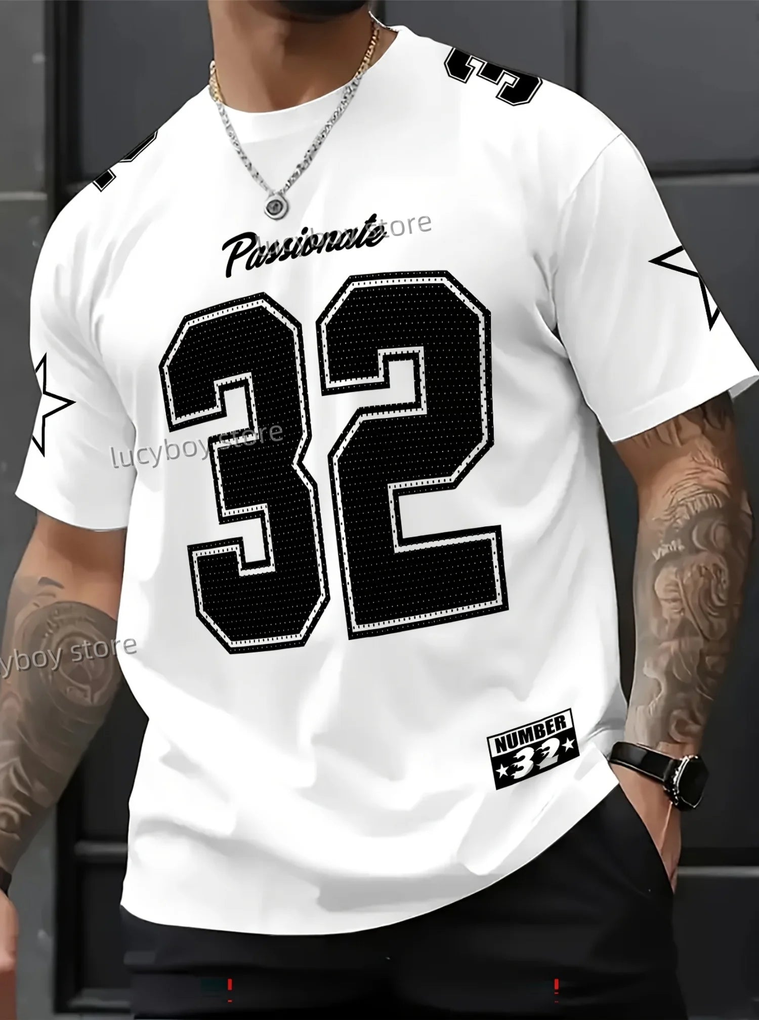 تي شيرت رجالي جديد موديل 2025 رقم 32 مطبوع عليه نمط أمريكي بأكمام قصيرة ورقبة دائرية وقميص كرة سلة عتيق ملابس رجالية