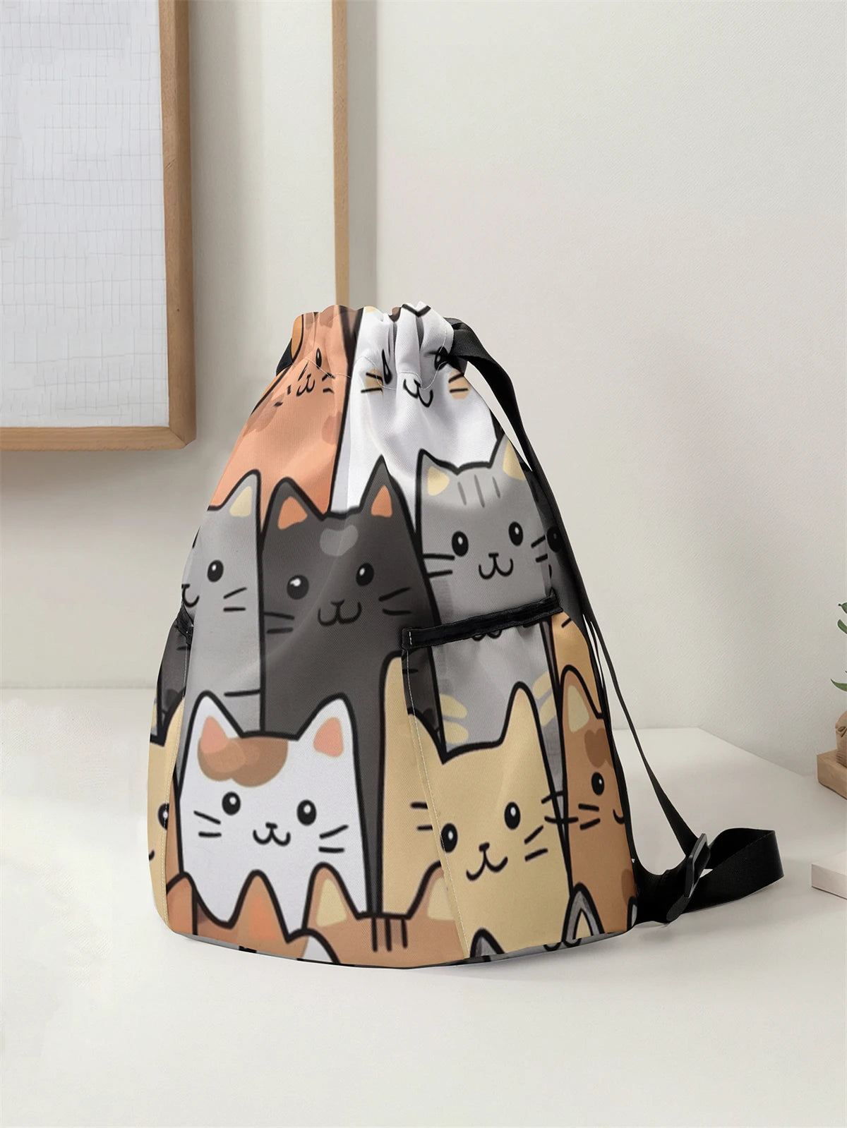 حقيبة ظهر برباط مطبوع عليها نمط قطة لطيفة - حقيبة لياقة بدنية متينة بسعة كبيرة، حقيبة ظهر رياضية للشاطئ