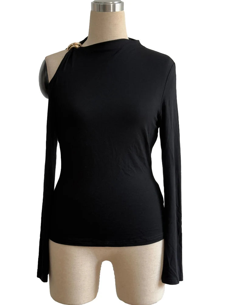 تي شيرت نسائي من كريسسين بكتف مكشوف وأكمام طويلة ومشبك معدني وقميص ضيق ومجوف منقوش منقوش بلوزة خريفية مناسبة للشارع تناسب نمط الحياة في سن 20 عامًا