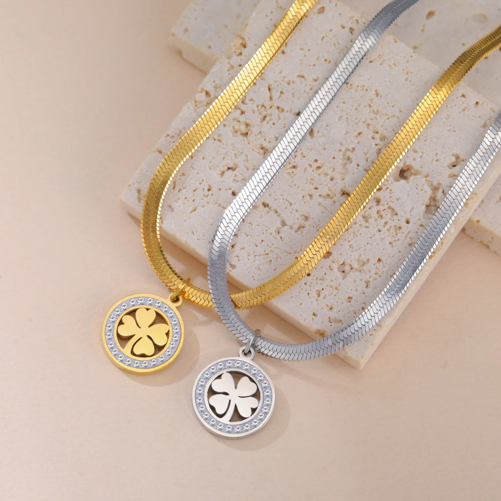 Skyrim Four Leaf Clover Zircon Round Pendant Necklace Stainless Steel Gold Color Choker for Women Jewelry Mother's Day Gift
