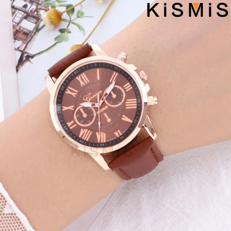 ساعة جنيف كوارتز أنيقة بأرقام رومانية، ثلاث عيون وستة دبابيس، ساعة يد كاجوال للنساء والرجال والأزواج، ساعة أنيقة للمناسبات الرسمية