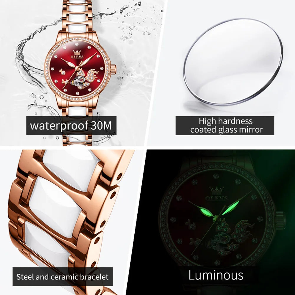 ساعة OLEVS النسائية الميكانيكية الأوتوماتيكية بالكامل بسوار فولاذي 7001