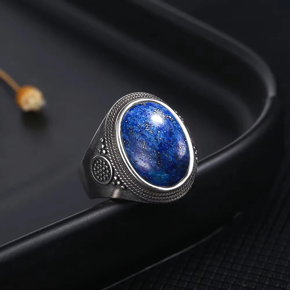 Vintage S925 Sterling Silver Natural labradorite Moonstone Ring 10x14MM Large Turquoise Lapis Retro Ring For Women Men
