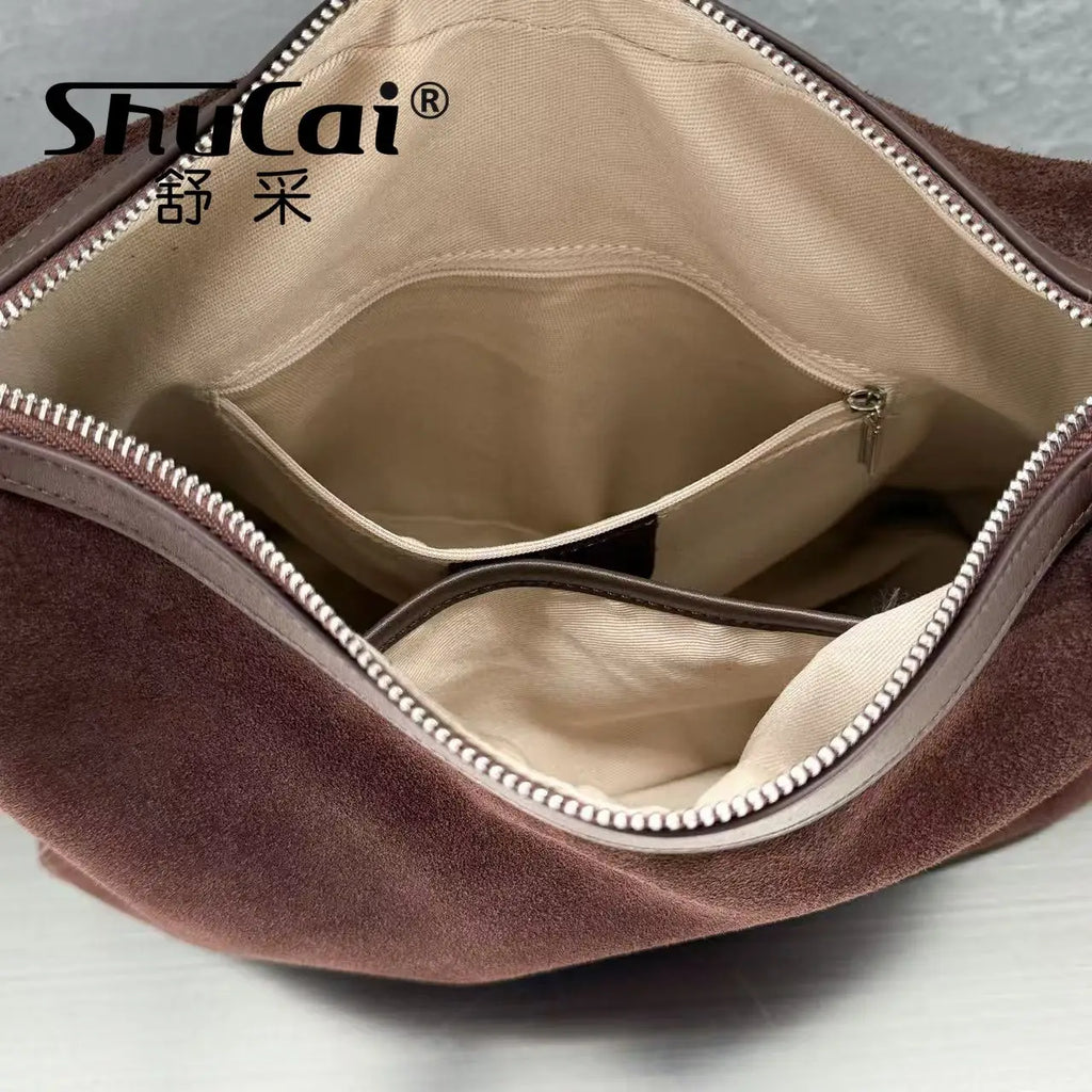 Genuine Grade Suede Leather Luxury Designer Large Capacity Women's Tote Bag Vintage Shoulder Crossbody Underarm Bags Trendy New