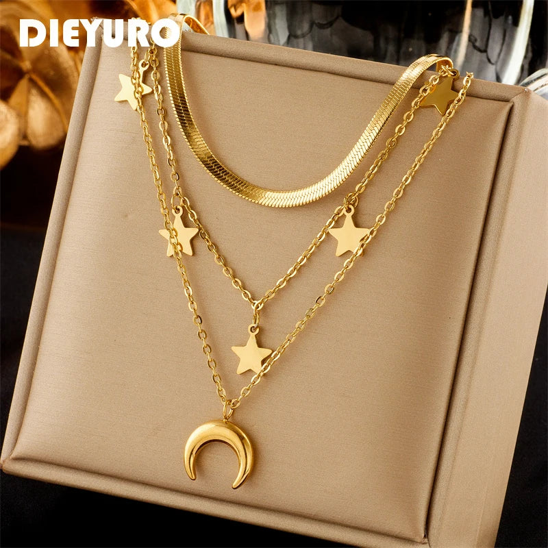 DIEYURO 316L Stainless Steel Moon Stars Pendant Necklace For Women New Gold Color 3in1 Neck Chains Vintage Jewelry Birthday Gift