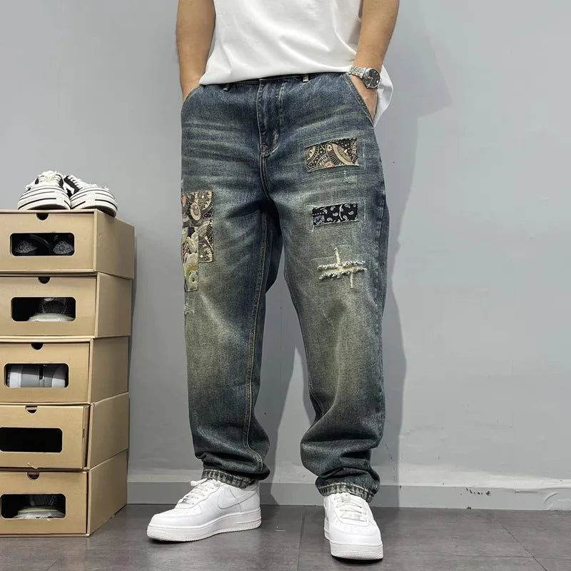 2025Heavy Duty Washed and Scraped Denim Men's Trendy High-end Embroidered Printed Loose Tapered Straight Leg Jeans