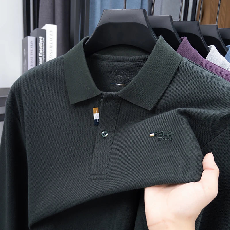 قميص بولو رجالي فاخر عالي الجودة مصنوع من القطن بنسبة 100%، بأكمام طويلة، مطرز بحرف على ظهر السلحفاة، مناسب لفصل الخريف، مناسب لرجال الأعمال